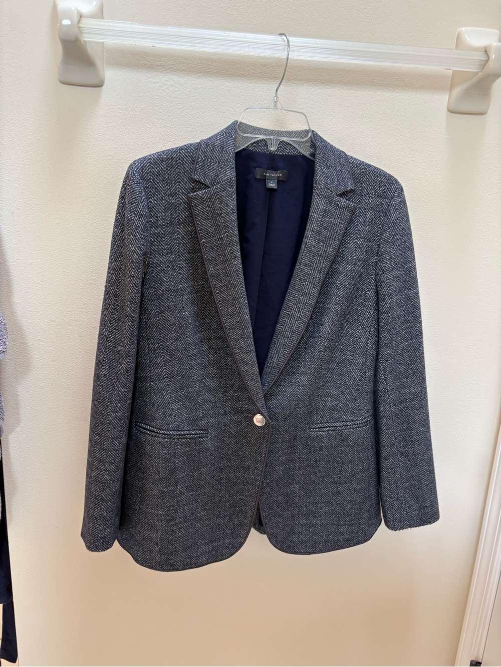 Ann Taylor Navy and Gray Herringbone Single-Button Blazer